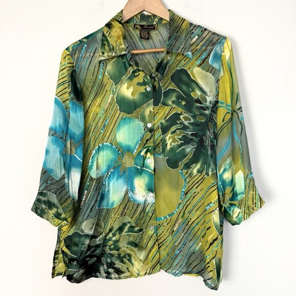 Mirasol Velvet Burnout Floral Button Up Blouse Womens Large Artsy Maximalism - Picture 1 of 7